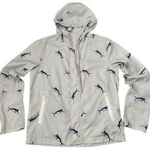 FOREVER 21 Windbreaker Jacket Men's Size M Hoodie Full Zip Fish Print Light Grey